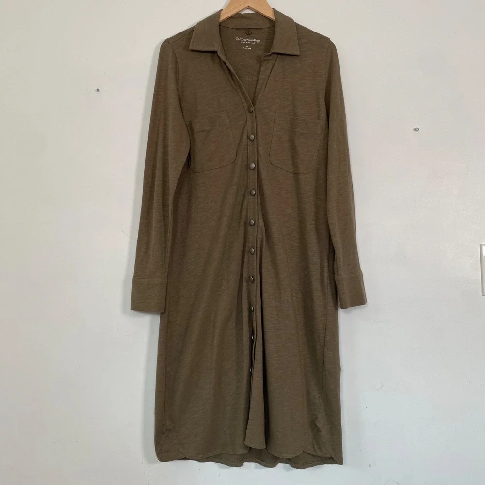 Soft Surroundings Womens Button Front Shirt Dress Size M 100% Cotton Relaxed